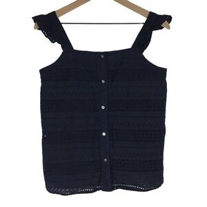 LOFT Eyelet Lace Shell Tank Top Ruffle Smocked Button Details Petite Size Medium